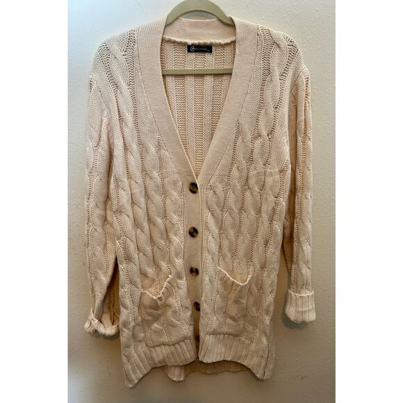 PrettyGarden Ivory Cable Knit Cardigan Sweater Tortoise Shell Buttons Pockets XL - Picture 8 of 9